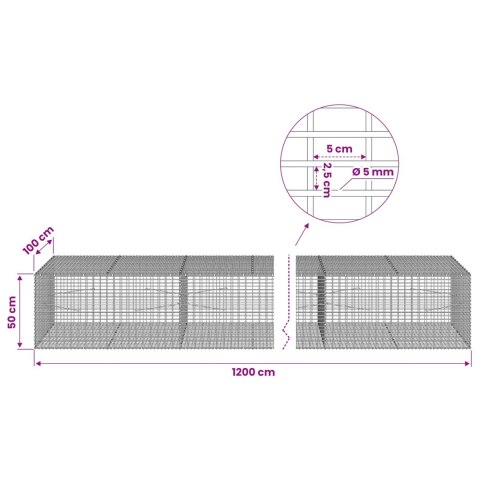 GABION Z DRUTU 5 MM I SIATKĄ 5X2,5 CM 1200X100X50 CM
