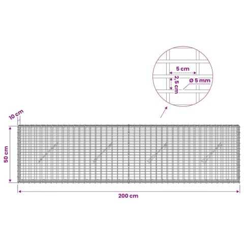 GABION Z DRUTU 5 MM I SIATKĄ 5X2,5 CM 200X10X50 CM