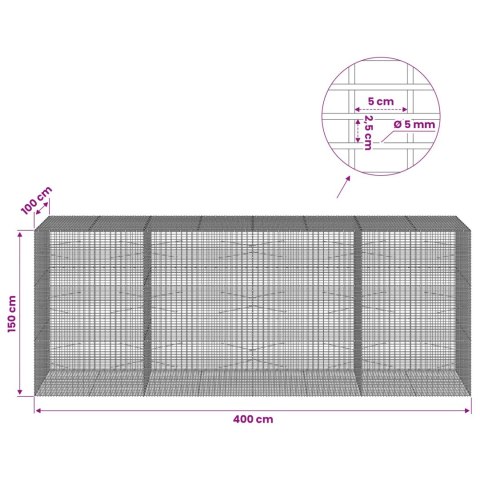 GABION Z DRUTU 5 MM I SIATKĄ 5X2,5 CM 400X100X150 CM