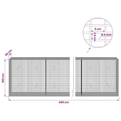 GABION Z DRUTU 5 MM I SIATKĄ 5X2,5 CM 400X50X100 CM