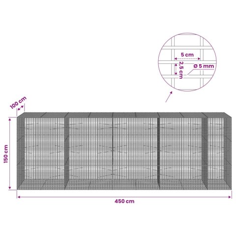 GABION Z DRUTU 5 MM I SIATKĄ 5X2,5 CM 450X100X150 CM