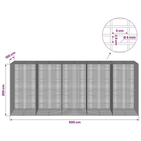 GABION Z DRUTU 5 MM I SIATKĄ 5X2,5 CM 500X100X200 CM