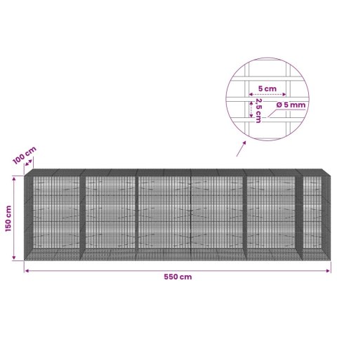 GABION Z DRUTU 5 MM I SIATKĄ 5X2,5 CM 550X100X150 CM