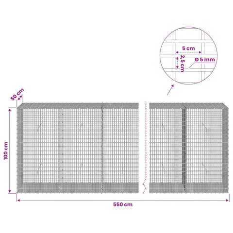 GABION Z DRUTU 5 MM I SIATKĄ 5X2,5 CM 550X50X100 CM