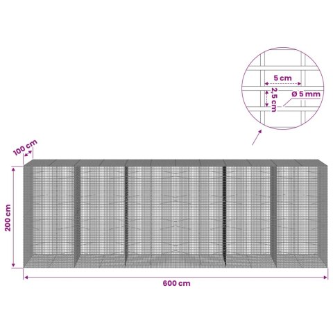 GABION Z DRUTU 5 MM I SIATKĄ 5X2,5 CM 600X100X200 CM