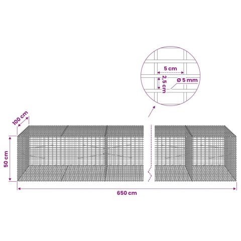 GABION Z DRUTU 5 MM I SIATKĄ 5X2,5 CM 650X100X50 CM