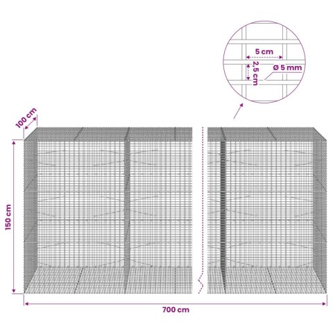 GABION Z DRUTU 5 MM I SIATKĄ 5X2,5 CM 700X100X150 CM