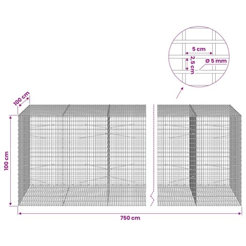 GABION Z DRUTU 5 MM I SIATKĄ 5X2,5 CM 750X100X100 CM