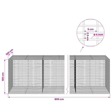 GABION Z DRUTU 5 MM I SIATKĄ 5X2,5 CM 800X100X100 CM
