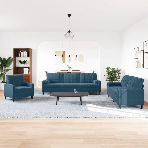 VidaXL 3-cz. zestaw wypoczynkowy z poduszkami, niebieski, aksamit