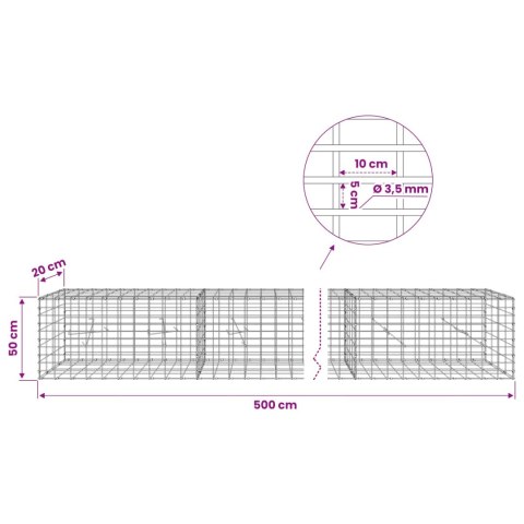 VidaXL Gabion z drutu 3,5 mm i siatką 5x10 cm 500x20x50 cm