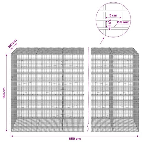 VidaXL Gabion z drutu 5 mm i siatką 5x2,5 cm 650x100x150 cm