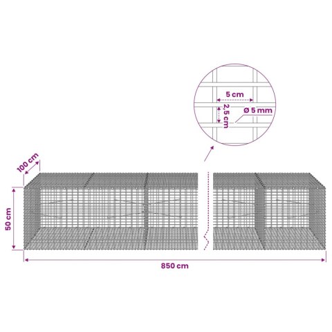 VidaXL Gabion z drutu 5 mm i siatką 5x2,5 cm 850x100x50 cm