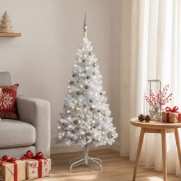 VidaXL Sztuczna choinka z lampkami i bombkami, srebrna, 120 cm, PET