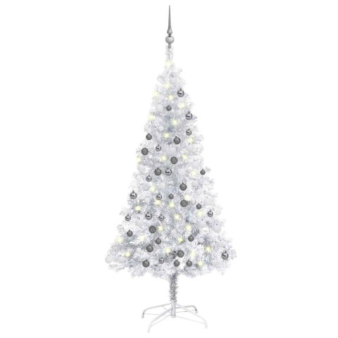 VidaXL Sztuczna choinka z lampkami i bombkami, srebrna, 150 cm, PET