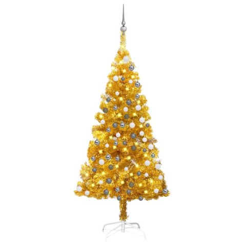 VidaXL Sztuczna choinka z lampkami i bombkami, złota, 150 cm, PET