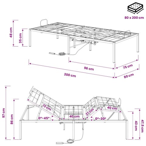 VidaXL Elektro Regulowany Stelaż Łóżka Czarny 200 x 80 x 33,5 cm Stal