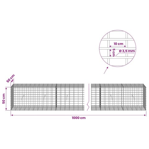 VidaXL Gabion z drutu 3,5 mm i siatką 5x10 cm 1000x50x50 cm