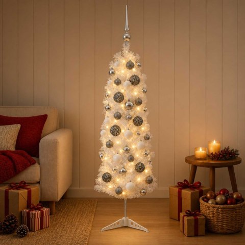 VidaXL Sztuczna wąska choinka z bombkami 150 cm 150 LED Ciepła biel