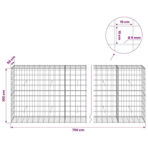 VidaXL Gabion z drutu 5 mm i siatką 10x10 cm 750x50x100 cm