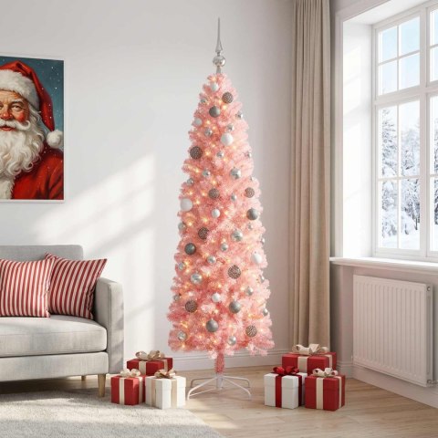 VidaXL Wąska sztuczna choinka z bombką 240 cm 300 LED Ciepła biel