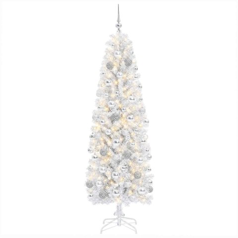 VidaXL Sztuczna wąska choinka z bombkami 180 cm 300 LED Ciepła biel