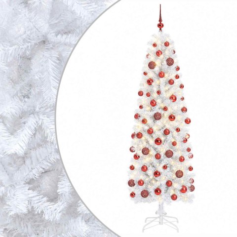 VidaXL Sztuczna wąska choinka z bombkami 180 cm 300 LED Ciepła biel
