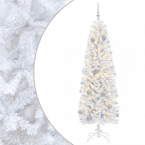 VidaXL Sztuczna wąska choinka z bombkami 210 cm 300 LED Ciepła biel