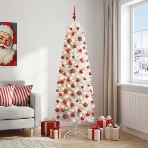 VidaXL Sztuczna wąska choinka z bombkami 210 cm 300 LED Ciepła biel