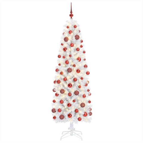 VidaXL Sztuczna wąska choinka z bombkami 210 cm 300 LED Ciepła biel
