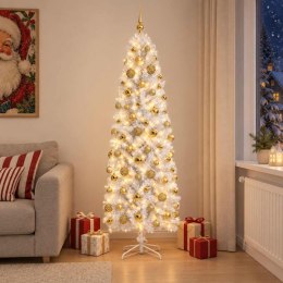 VidaXL Sztuczna wąska choinka z bombkami 210 cm 300 LED Ciepła biel