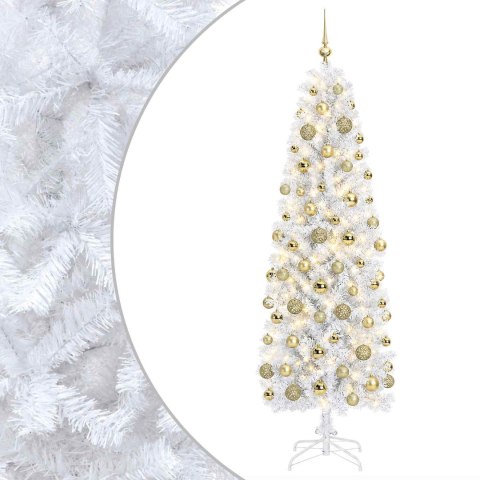 VidaXL Sztuczna wąska choinka z bombkami 210 cm 300 LED Ciepła biel