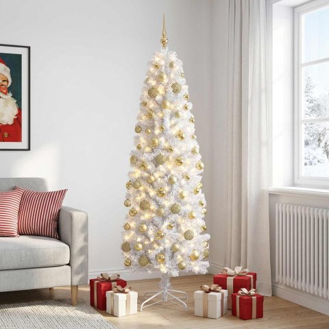 VidaXL Sztuczna wąska choinka z bombkami 210 cm 300 LED Ciepła biel