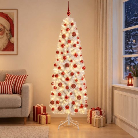 VidaXL Sztuczna wąska choinka z bombkami 240 cm 300 LED Ciepła biel