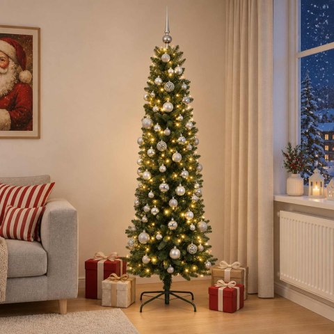 VidaXL Sztuczna wąska choinka z bombkami 210 cm 300 LED Ciepła biel