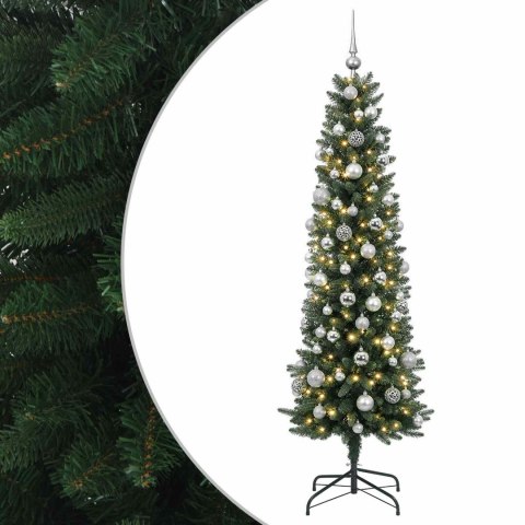 VidaXL Sztuczna wąska choinka z bombkami 210 cm 300 LED Ciepła biel