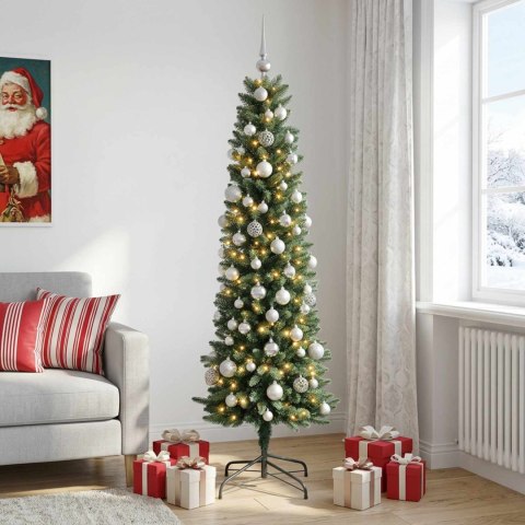 VidaXL Sztuczna wąska choinka z bombkami 210 cm 300 LED Ciepła biel