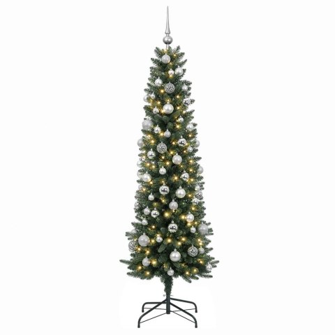 VidaXL Sztuczna wąska choinka z bombkami 210 cm 300 LED Ciepła biel