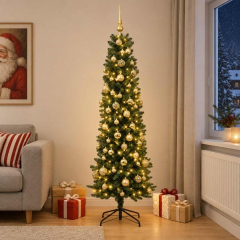 VidaXL Sztuczna wąska choinka z bombkami 210 cm 300 LED Ciepła biel