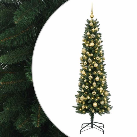 VidaXL Sztuczna wąska choinka z bombkami 210 cm 300 LED Ciepła biel