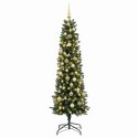 VidaXL Sztuczna wąska choinka z bombkami 210 cm 300 LED Ciepła biel