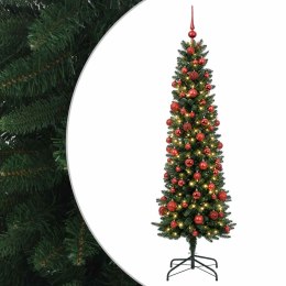 VidaXL Sztuczna wąska choinka z bombkami 210 cm 300 LED Ciepła biel