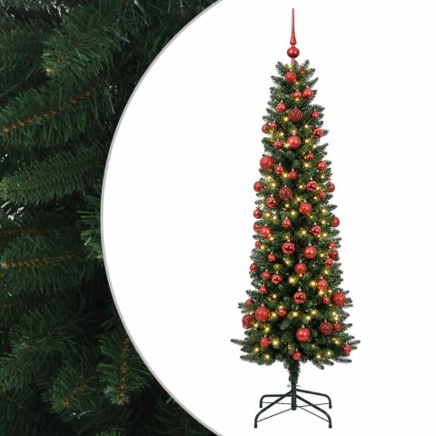 VidaXL Sztuczna wąska choinka z bombkami 210 cm 300 LED Ciepła biel