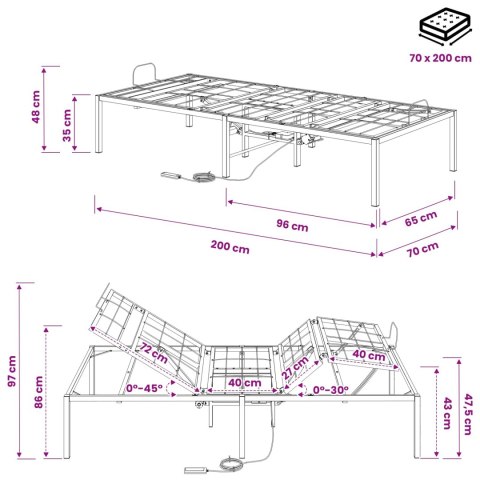 VidaXL Elektro Regulowany Stelaż Łóżka Czarny 200 x 70 x 33,5 cm Stal