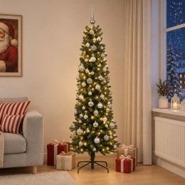 VidaXL Sztuczna wąska choinka z bombkami 180 cm 300 LED Ciepła biel