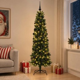 VidaXL Sztuczna wąska choinka z bombkami 180 cm 300 LED Ciepła biel