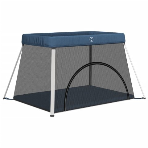 KOJEC DLA DZIECKA Z MATERACEM BEZPIECZNY GRANATOWY LNIANA TKANINA