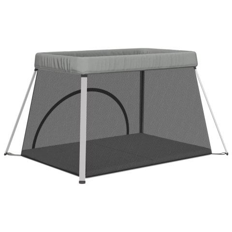 KOJEC DLA DZIECKA Z MATERACEM BEZPIECZNY JASNOSZARY LNIANA TKANINA