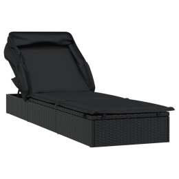 LEŻAK ZE SKŁADANYM DACHEM CZARNY 213X63X97CM POLIRATTAN