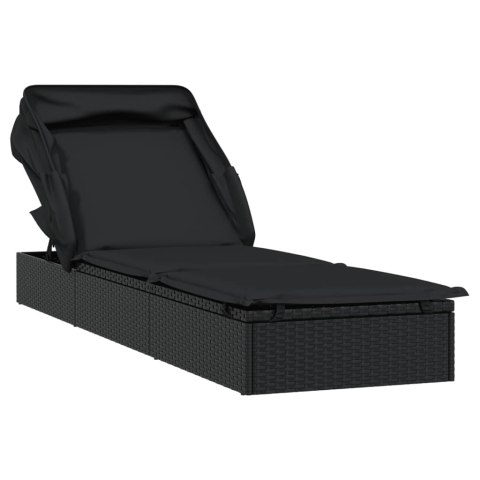 LEŻAK ZE SKŁADANYM DACHEM CZARNY 213X63X97CM POLIRATTAN